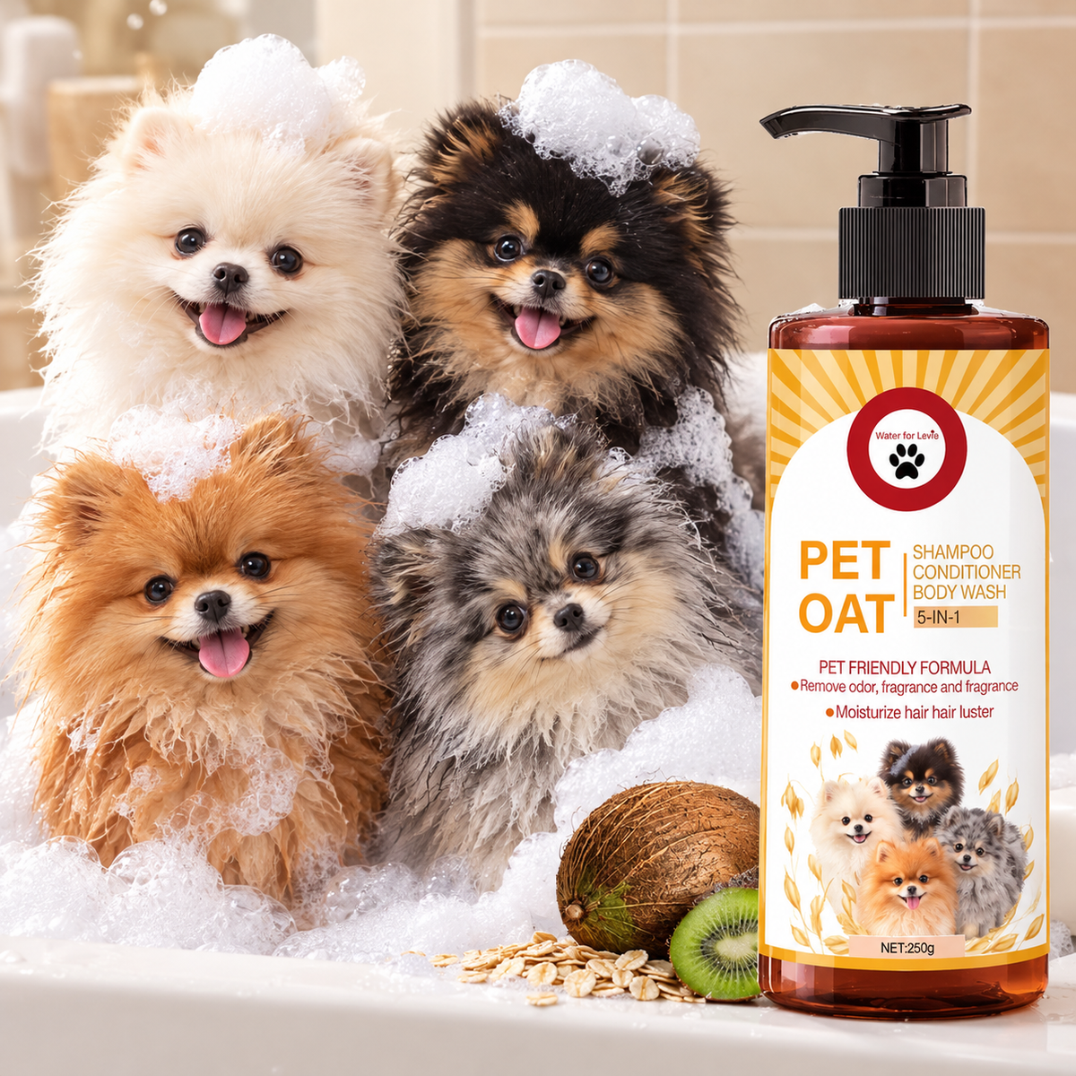 Shampoing pour animaux ; nettoie le pelage, élimine les odeurs, rend le poil doux sans le dessécher, laisse un parfum longue durée ; spécialement conçu pour les animaux de compagnie, convient au bain des chiens et des c
