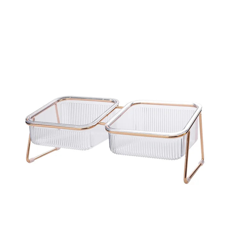 Gamelle double transparente surélevée pour animaux (chat/chien) avec support doré – Pour eau et nourriture