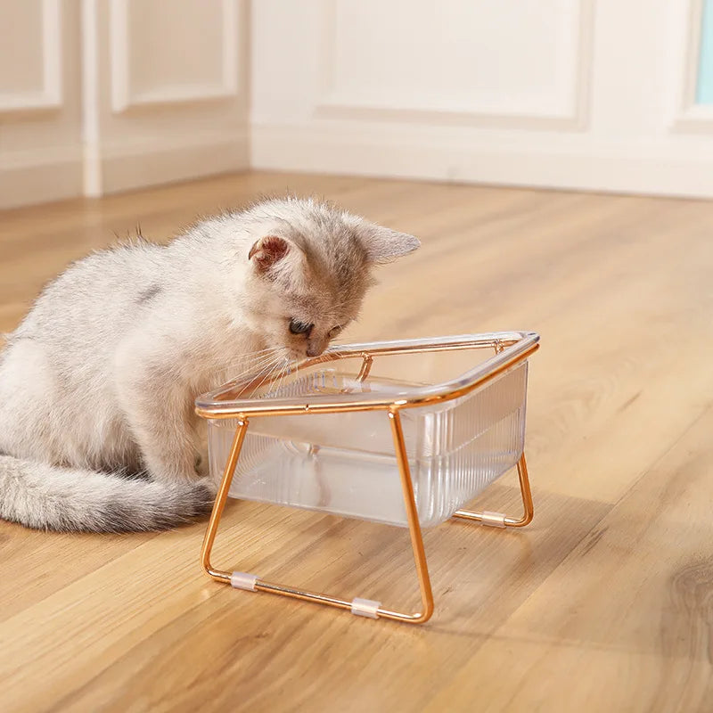 Gamelle double transparente surélevée pour animaux (chat/chien) avec support doré – Pour eau et nourriture