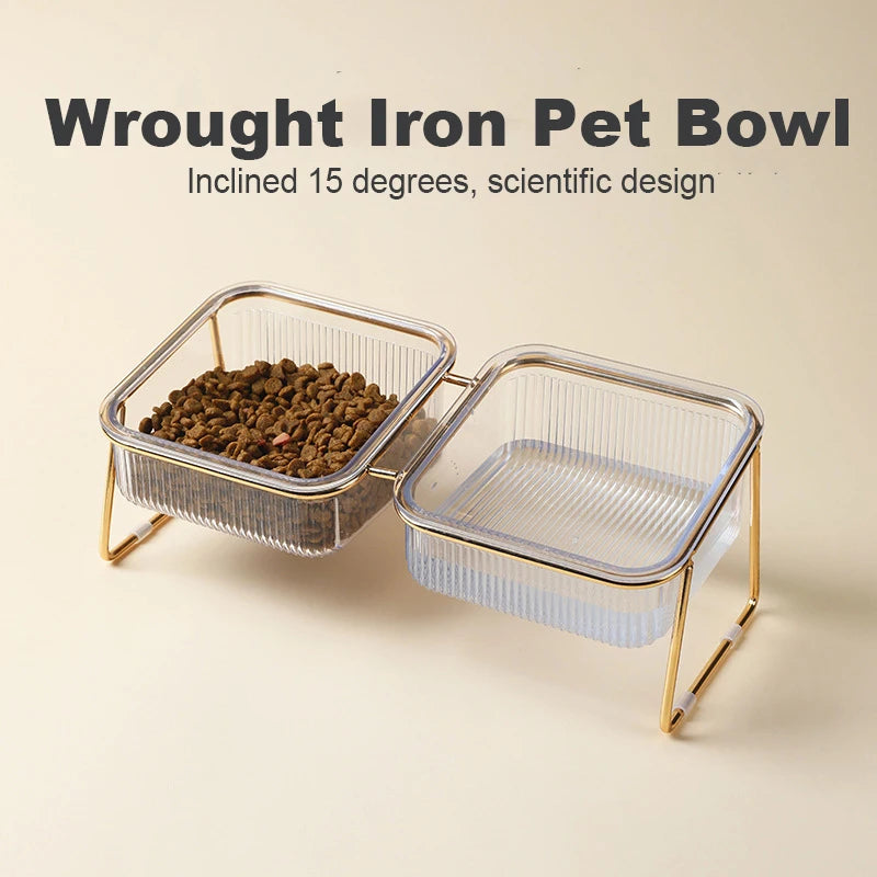 Gamelle double transparente surélevée pour animaux (chat/chien) avec support doré – Pour eau et nourriture