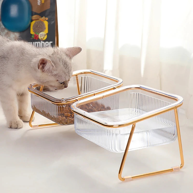 Gamelle double transparente surélevée pour animaux (chat/chien) avec support doré – Pour eau et nourriture