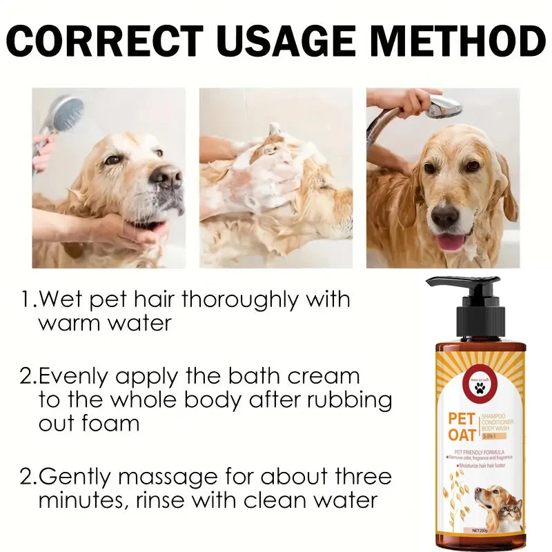 Shampoing pour animaux ; nettoie le pelage, élimine les odeurs, rend le poil doux sans le dessécher, laisse un parfum longue durée ; spécialement conçu pour les animaux de compagnie, convient au bain des chiens et des c