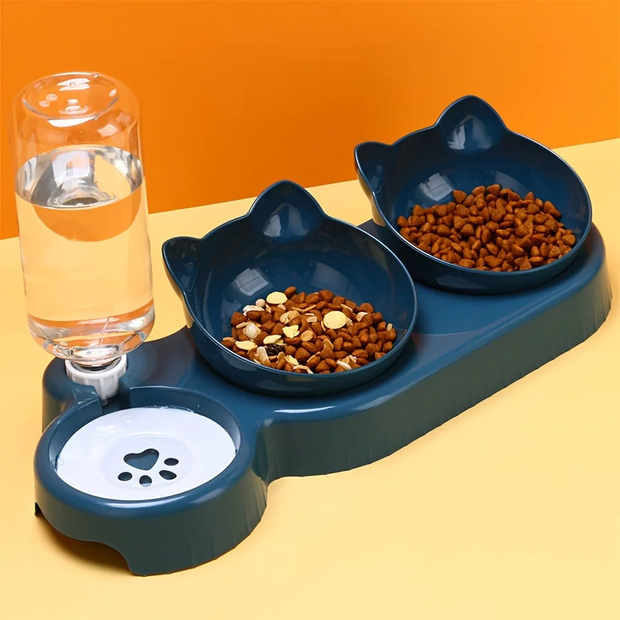 Ensemble de bols 3-en-1 pour animaux : bols inclinés pour nourriture et eau (design en forme d'oreilles) avec distributeur d'eau par gravité pour protéger le cou.