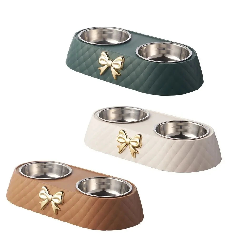 Gamelle double pour animaux avec base en polypropylène et motif nœud papillon – Bols en acier inoxydable pour chats et chiens (alimentation et eau)