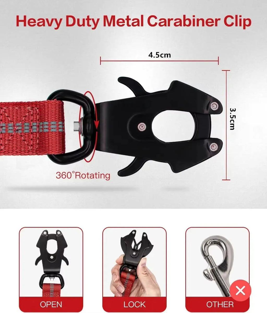 Laisse tactique pour chien ultra-résistante, extensible (1,2 à 1,8 m) avec système d'amortissement, dotée de 2 poignées rembourrées, d'un mousqueton en métal et d'une attache pour ceinture de sécurité de voiture