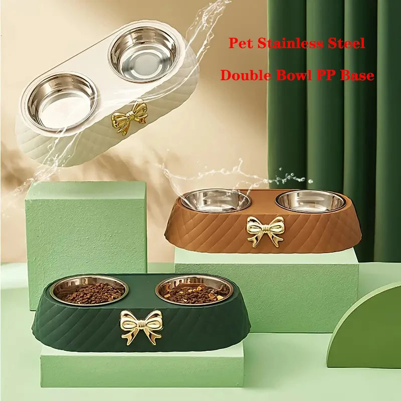 Gamelle double pour animaux avec base en polypropylène et motif nœud papillon – Bols en acier inoxydable pour chats et chiens (alimentation et eau)