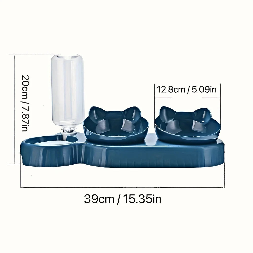 Ensemble de bols 3-en-1 pour animaux : bols inclinés pour nourriture et eau (design en forme d'oreilles) avec distributeur d'eau par gravité pour protéger le cou.