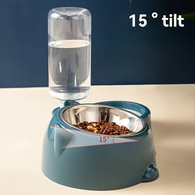 Distributeur automatique de nourriture et d'eau pour animaux, système d'alimentation intégré pour chats et chiens, sans pile ni électricité, ouverture inclinée.