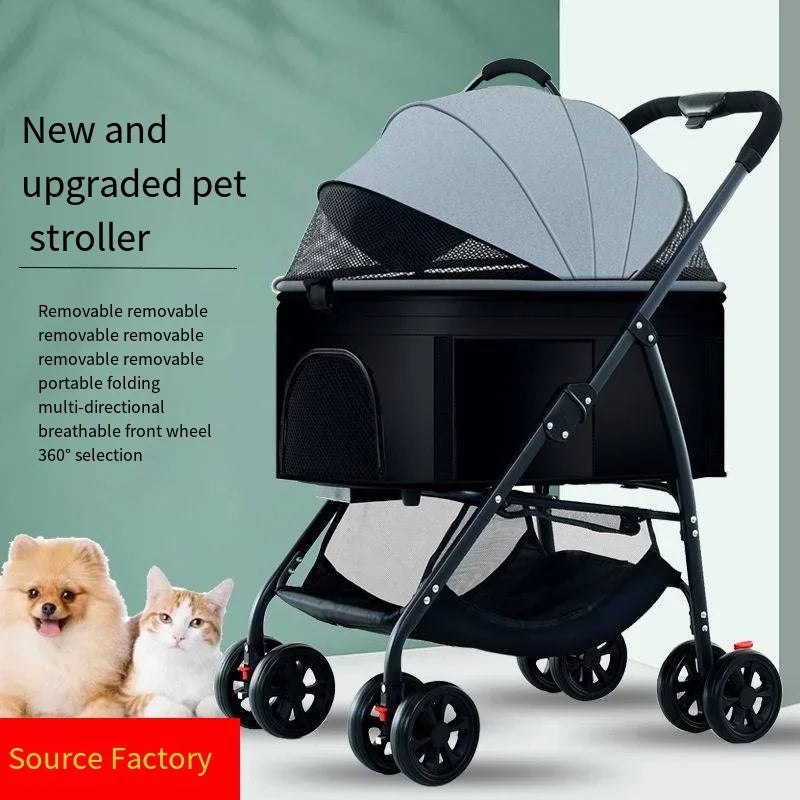 Poussette pour animaux 3 en 1, légère et pliable, spécialement conçue pour les promenades en extérieur avec chiens (petits et moyens) ou chats.