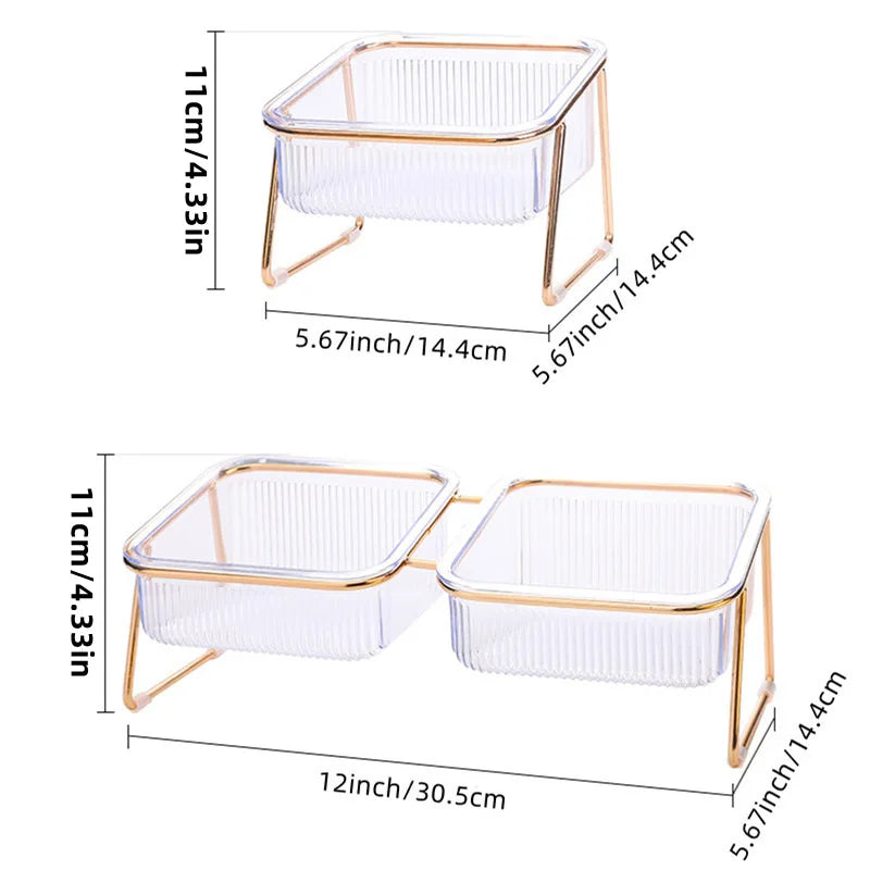 Gamelle double transparente surélevée pour animaux (chat/chien) avec support doré – Pour eau et nourriture