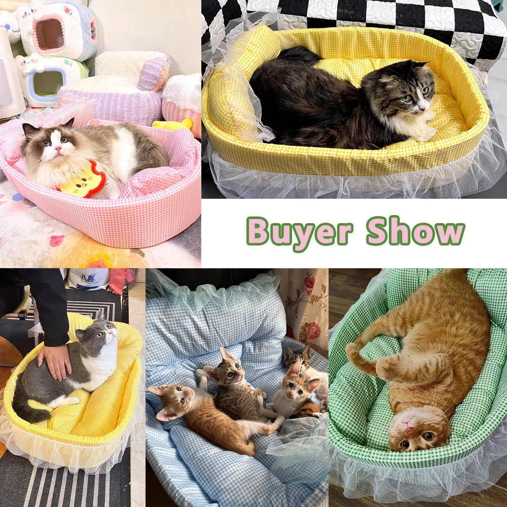 Adorable canapé-lit « princesse » pour animaux (chats/chiens) avec bordure en dentelle, adapté à toutes les saisons ; modèle ovale en peluche douce, lavable et déhoussable.