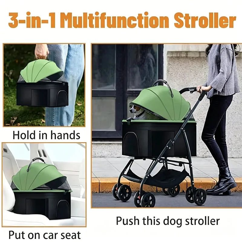 Poussette pour animaux 3 en 1, légère et pliable, spécialement conçue pour les promenades en extérieur avec chiens (petits et moyens) ou chats.