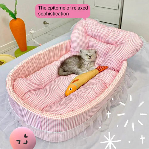 Adorable canapé-lit « princesse » pour animaux (chats/chiens) avec bordure en dentelle, adapté à toutes les saisons ; modèle ovale en peluche douce, lavable et déhoussable.