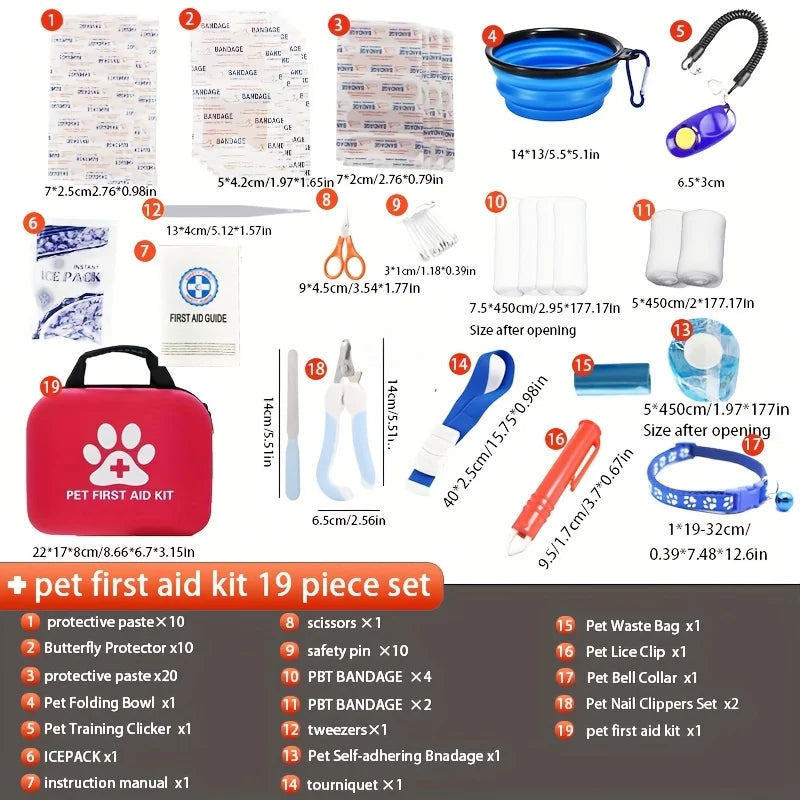 Pet First Aid Kit: Contains emergency supplies and an emergency blanket, suitable for hiking, camping, and backpacking.