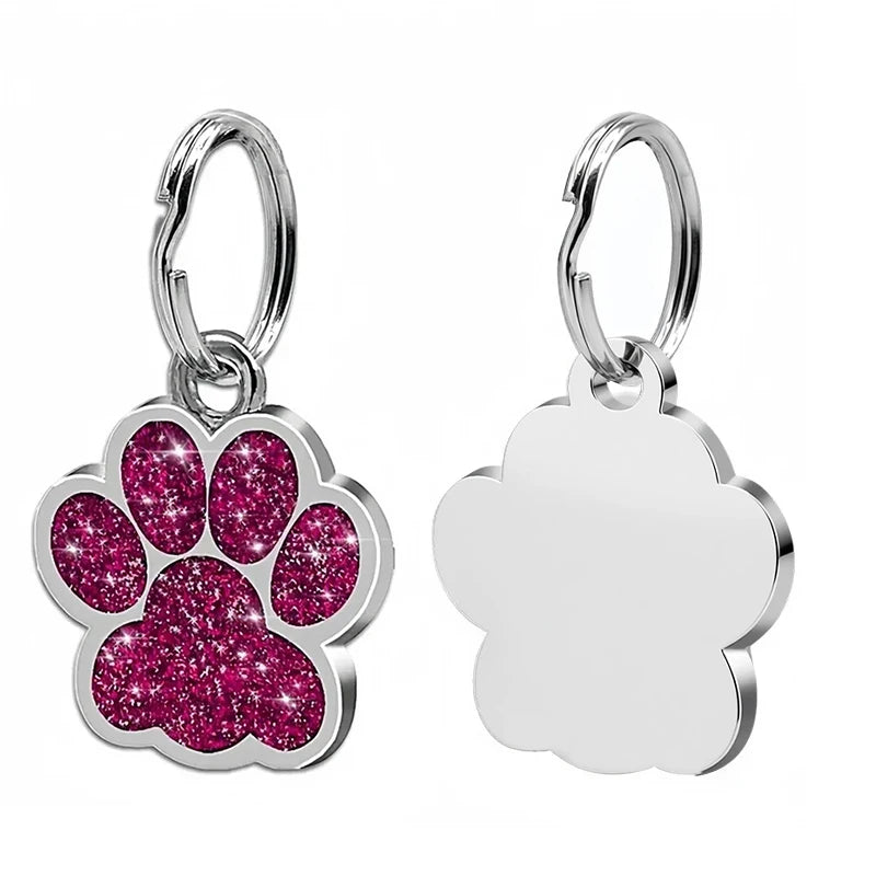 Plaque d'identification personnalisée et gravée pour chien ou chat – Pendentif en alliage en forme de patte avec paillettes – Accessoire pour collier d'animal de compagnie