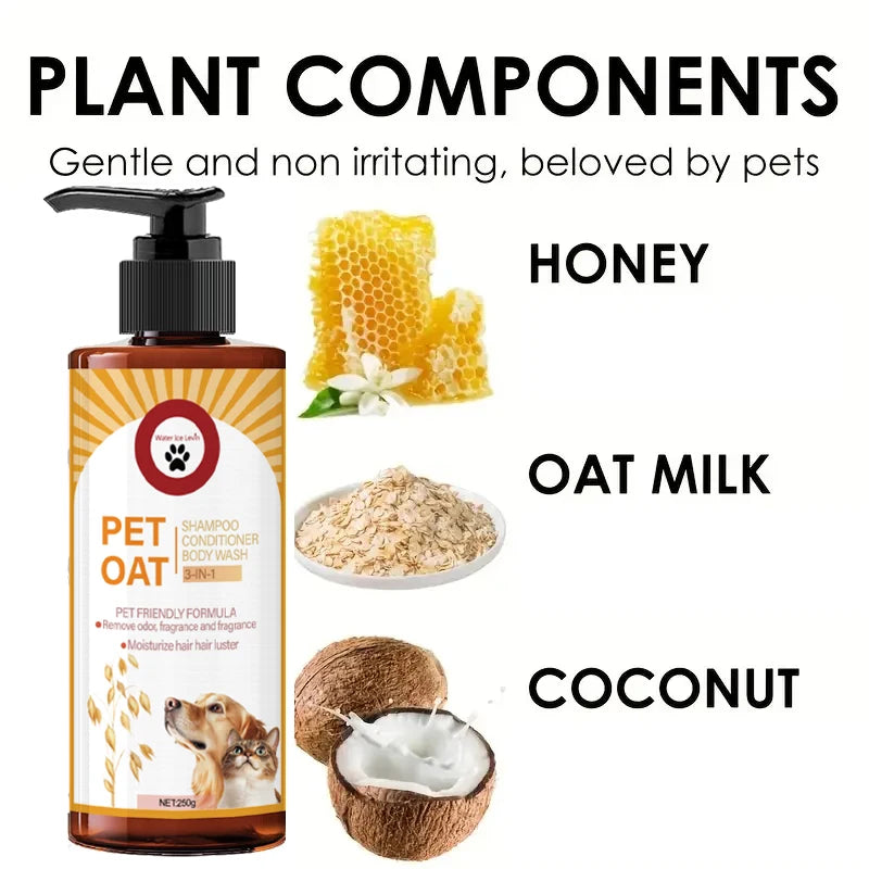 Shampoing pour animaux ; nettoie le pelage, élimine les odeurs, rend le poil doux sans le dessécher, laisse un parfum longue durée ; spécialement conçu pour les animaux de compagnie, convient au bain des chiens et des c