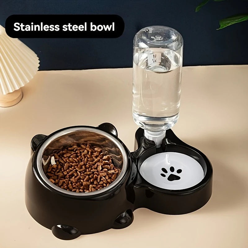 Distributeur automatique de nourriture et d'eau pour animaux, système d'alimentation intégré pour chats et chiens, sans pile ni électricité, ouverture inclinée.
