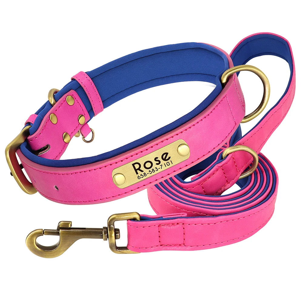 Ensemble collier et laisse en cuir personnalisés pour chien – Collier en cuir souple et rembourré pour chiens de petite, moyenne et grande taille – Plaque nominative gravée offerte