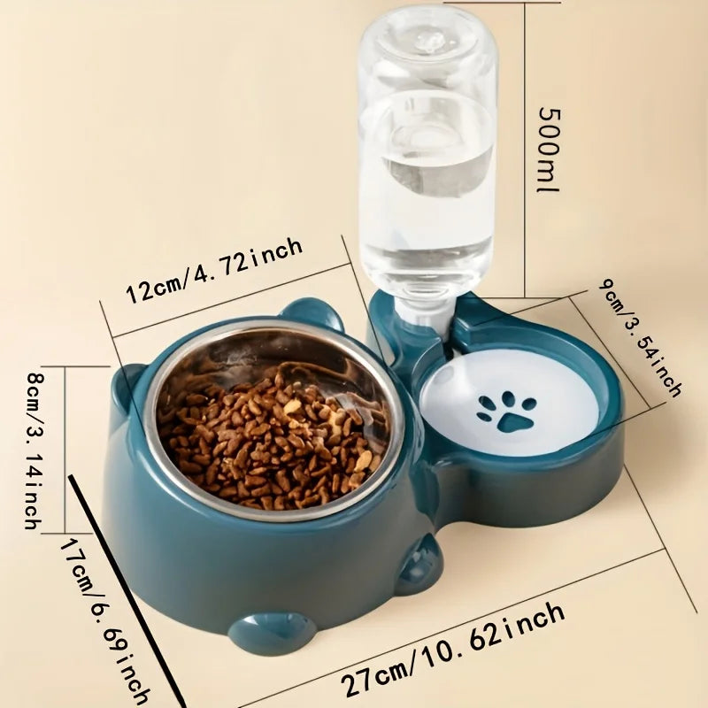 Distributeur automatique de nourriture et d'eau pour animaux, système d'alimentation intégré pour chats et chiens, sans pile ni électricité, ouverture inclinée.