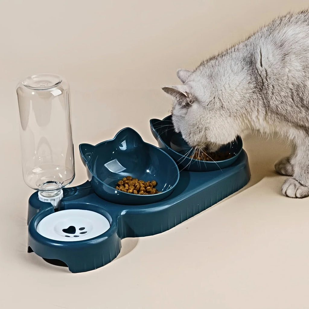 Ensemble de bols 3-en-1 pour animaux : bols inclinés pour nourriture et eau (design en forme d'oreilles) avec distributeur d'eau par gravité pour protéger le cou.