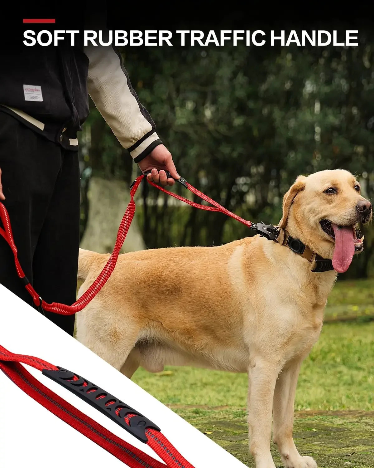 Laisse tactique pour chien ultra-résistante, extensible (1,2 à 1,8 m) avec système d'amortissement, dotée de 2 poignées rembourrées, d'un mousqueton en métal et d'une attache pour ceinture de sécurité de voiture