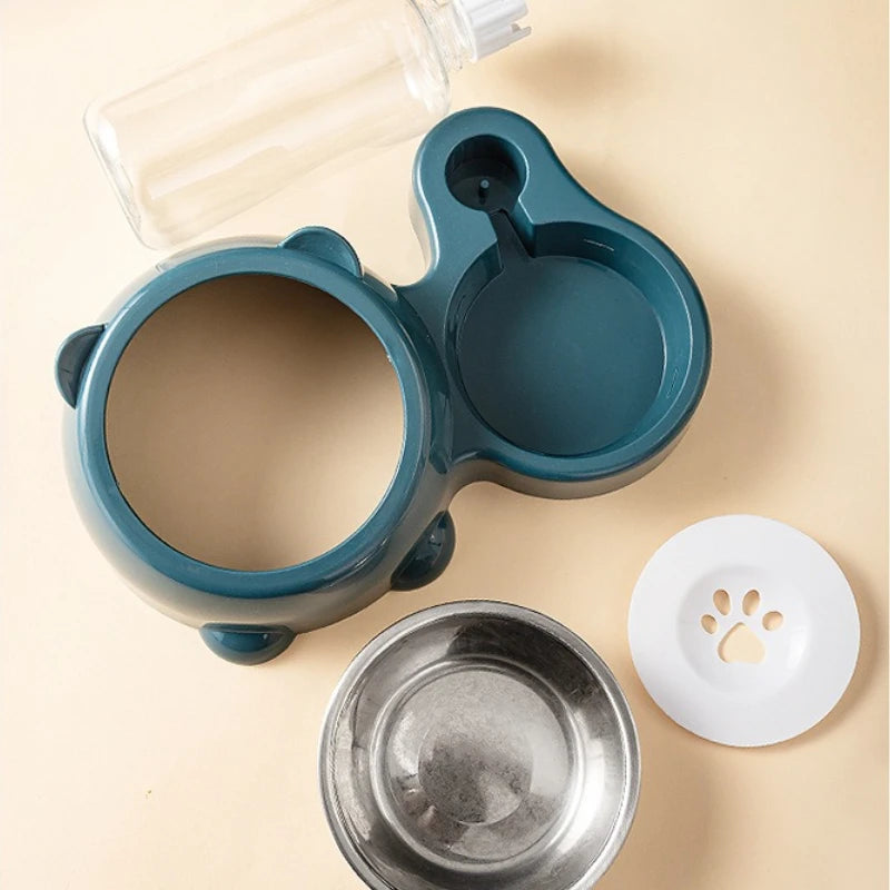 Distributeur automatique de nourriture et d'eau pour animaux, système d'alimentation intégré pour chats et chiens, sans pile ni électricité, ouverture inclinée.