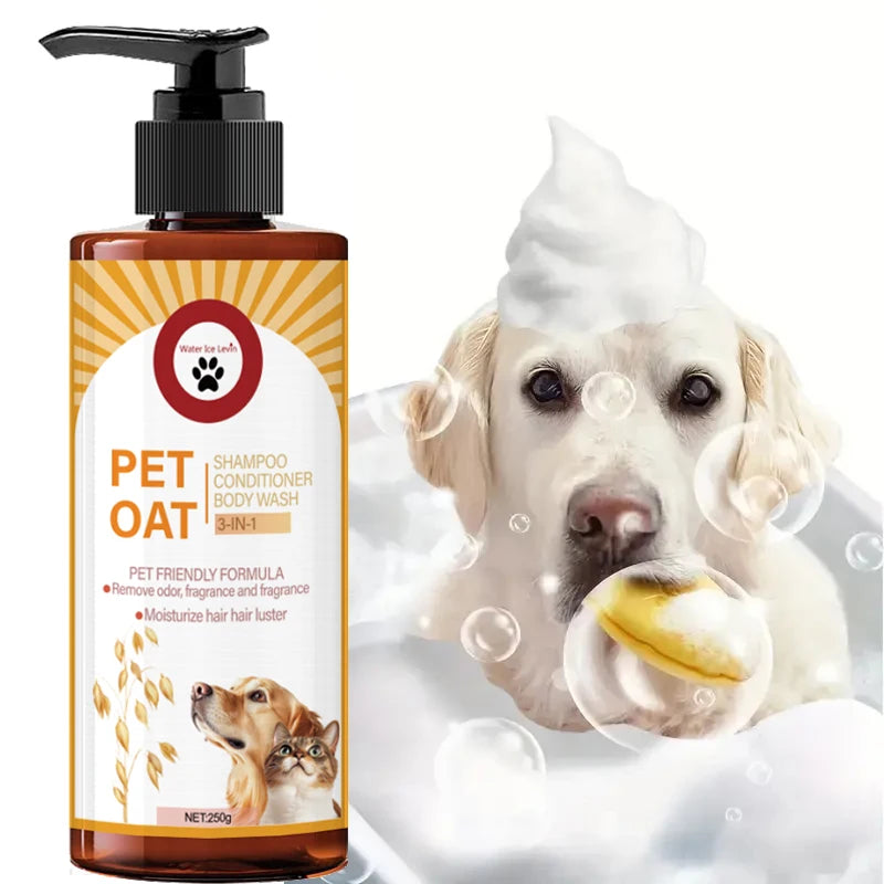 Shampoing pour animaux ; nettoie le pelage, élimine les odeurs, rend le poil doux sans le dessécher, laisse un parfum longue durée ; spécialement conçu pour les animaux de compagnie, convient au bain des chiens et des c