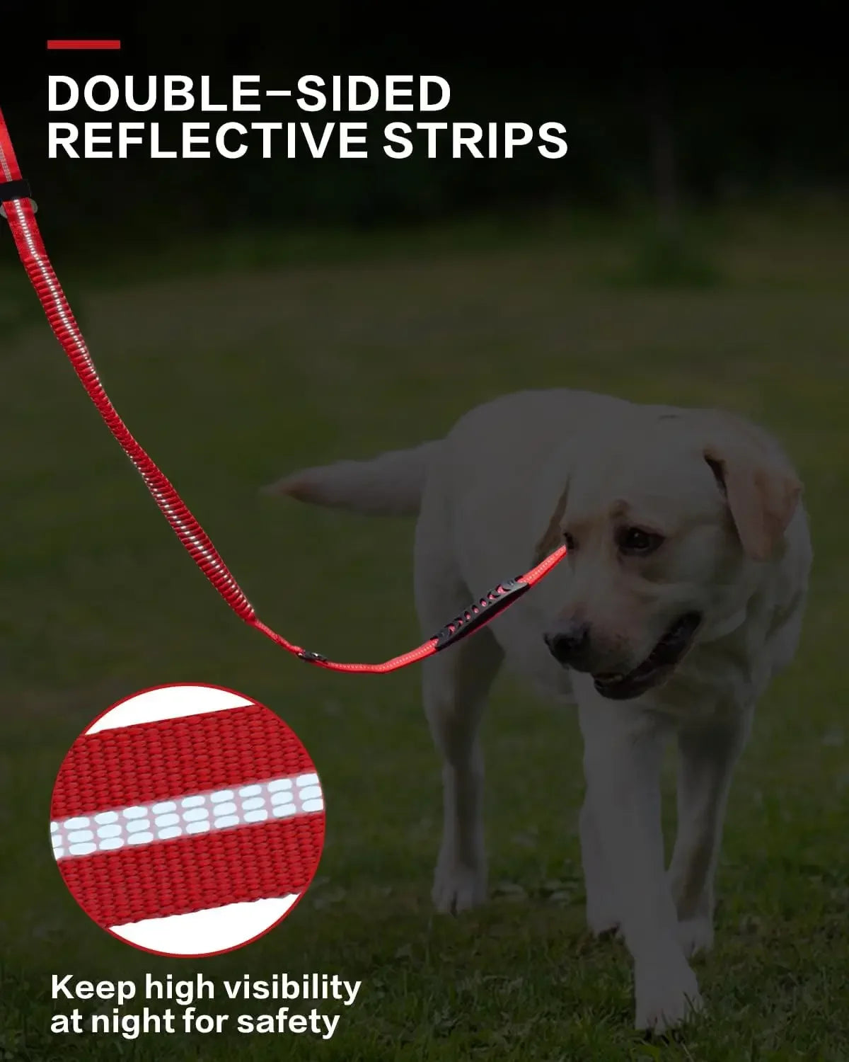 Laisse tactique pour chien ultra-résistante, extensible (1,2 à 1,8 m) avec système d'amortissement, dotée de 2 poignées rembourrées, d'un mousqueton en métal et d'une attache pour ceinture de sécurité de voiture