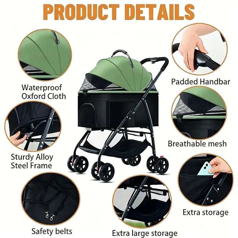 Poussette pour animaux 3 en 1, légère et pliable, spécialement conçue pour les promenades en extérieur avec chiens (petits et moyens) ou chats.