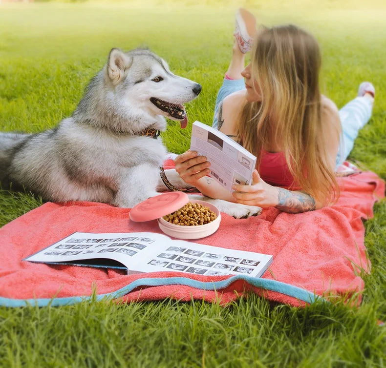 Gamelle portable pour animaux : écuelle de voyage 2-en-1 (eau et nourriture) avec compartiment à friandises, idéale pour la randonnée, le camping et les déplacements.