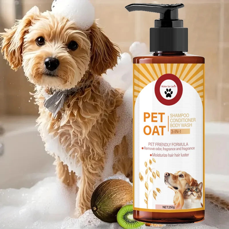 Shampoing pour animaux ; nettoie le pelage, élimine les odeurs, rend le poil doux sans le dessécher, laisse un parfum longue durée ; spécialement conçu pour les animaux de compagnie, convient au bain des chiens et des c