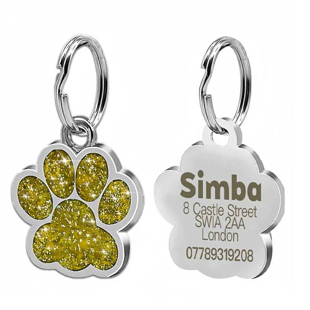 Plaque d'identification personnalisée et gravée pour chien ou chat – Pendentif en alliage en forme de patte avec paillettes – Accessoire pour collier d'animal de compagnie