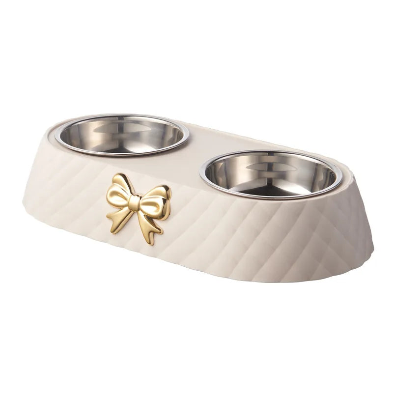 Gamelle double pour animaux avec base en polypropylène et motif nœud papillon – Bols en acier inoxydable pour chats et chiens (alimentation et eau)
