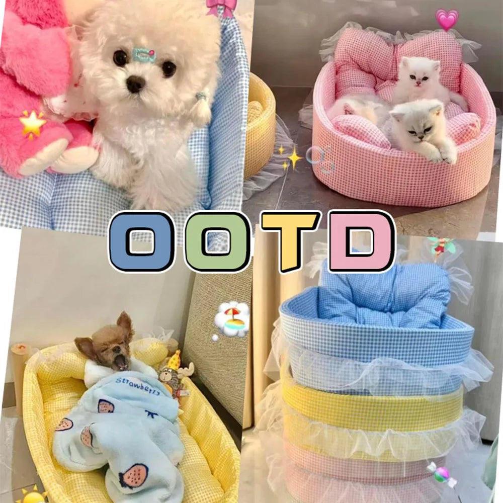 Adorable canapé-lit « princesse » pour animaux (chats/chiens) avec bordure en dentelle, adapté à toutes les saisons ; modèle ovale en peluche douce, lavable et déhoussable.