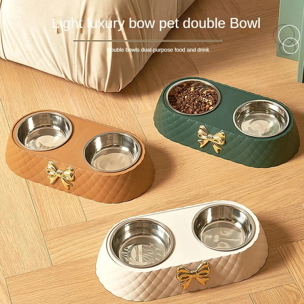 Gamelle double pour animaux avec base en polypropylène et motif nœud papillon – Bols en acier inoxydable pour chats et chiens (alimentation et eau)