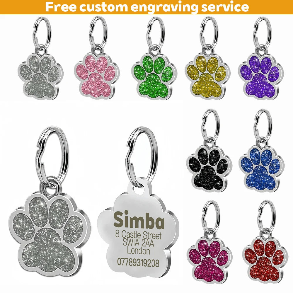 Plaque d'identification personnalisée et gravée pour chien ou chat – Pendentif en alliage en forme de patte avec paillettes – Accessoire pour collier d'animal de compagnie
