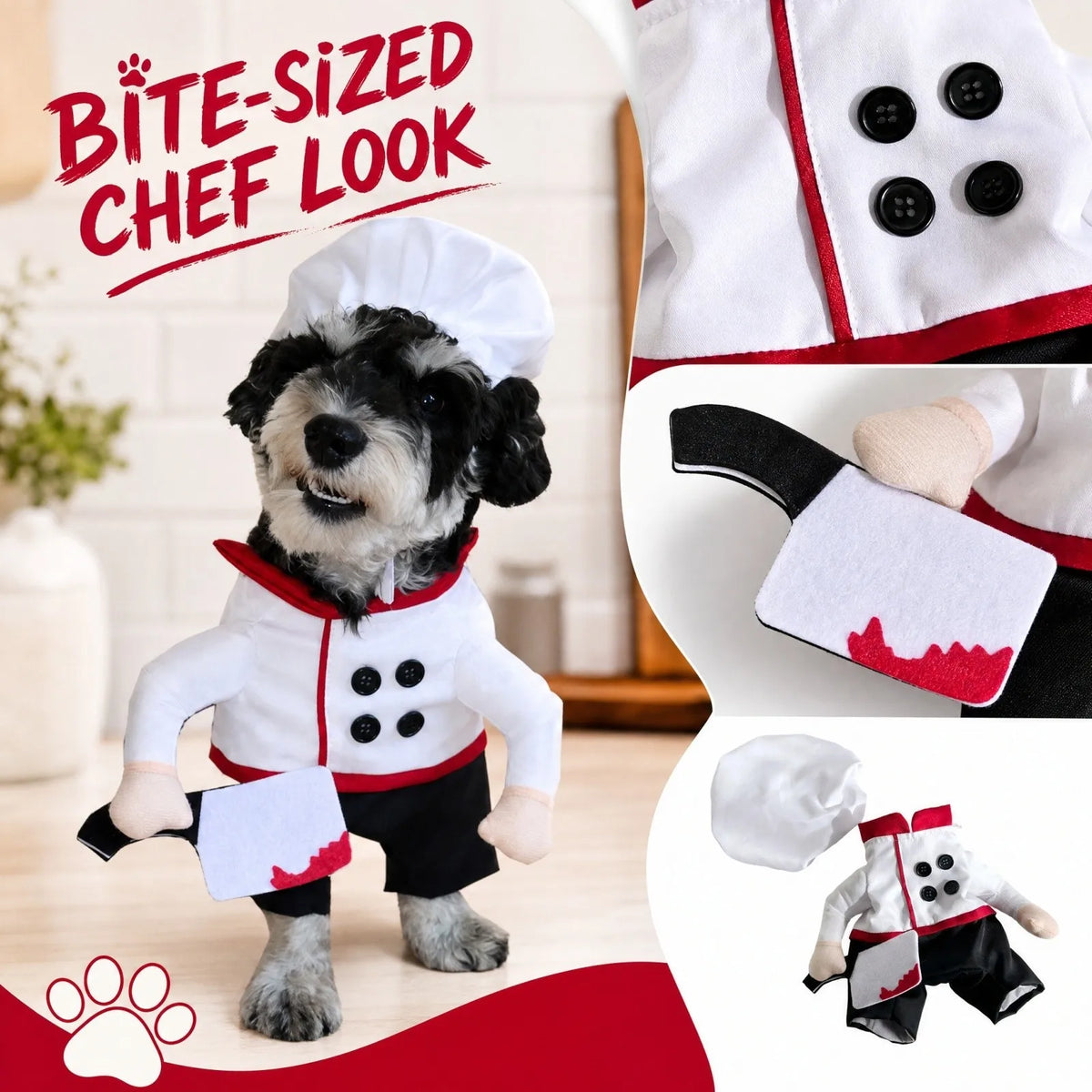 Costume de chef pour chien – Tenue de cosplay amusante avec toque – Déguisement mignon pour chiot, fête, vacances ou festival – Accessoire photo
