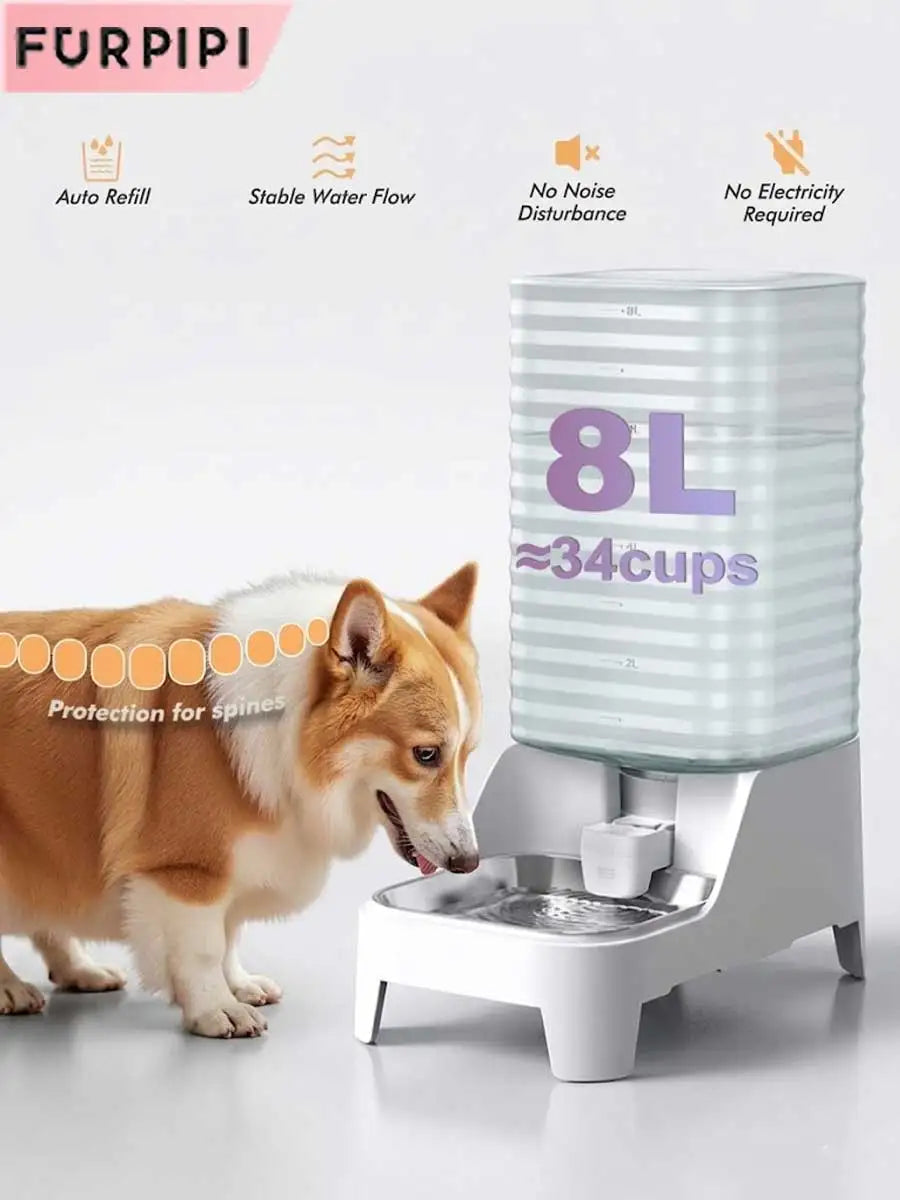 Furpipi – Station d'alimentation et d'abreuvement automatique par gravité pour animaux (capacité de 8 L) avec abreuvoir en acier inoxydable