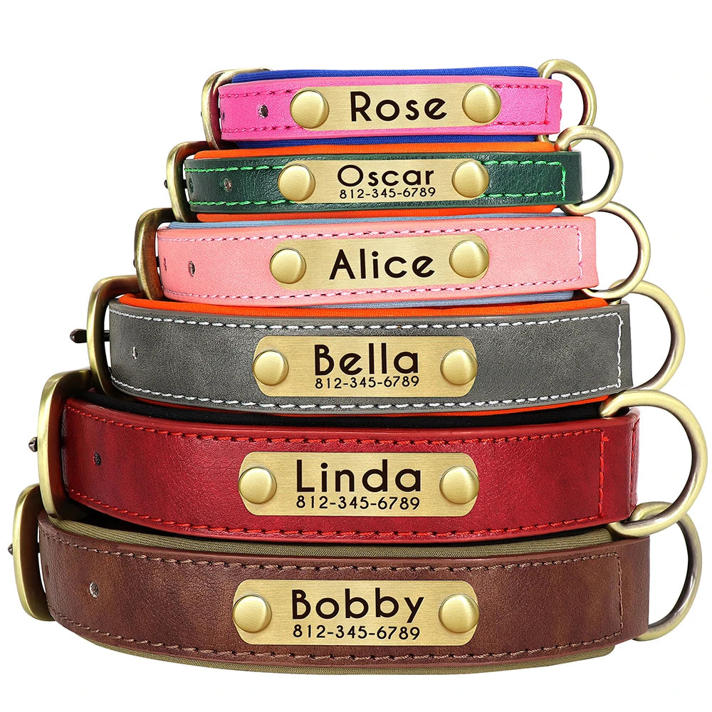 Ensemble collier et laisse en cuir personnalisés pour chien – Collier en cuir souple et rembourré pour chiens de petite, moyenne et grande taille – Plaque nominative gravée offerte