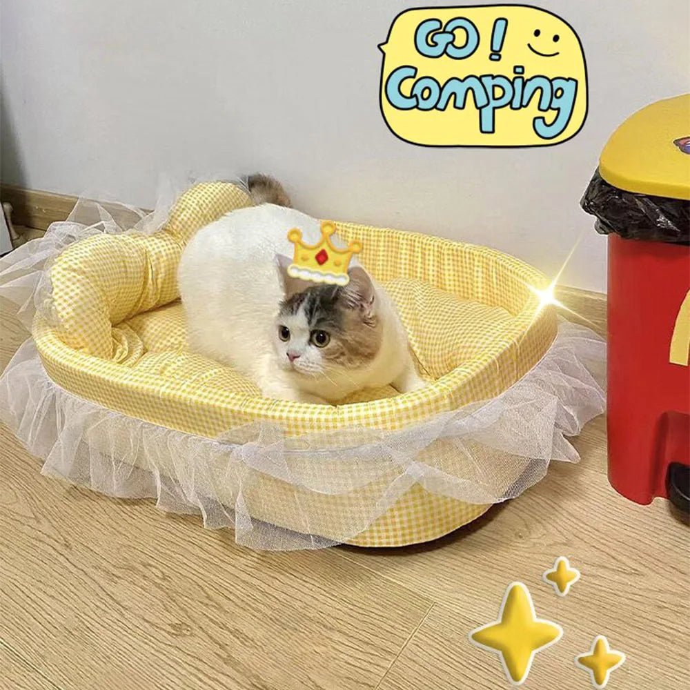Adorable canapé-lit « princesse » pour animaux (chats/chiens) avec bordure en dentelle, adapté à toutes les saisons ; modèle ovale en peluche douce, lavable et déhoussable.