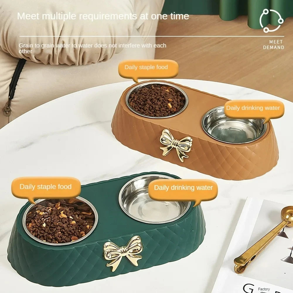 Gamelle double pour animaux avec base en polypropylène et motif nœud papillon – Bols en acier inoxydable pour chats et chiens (alimentation et eau)
