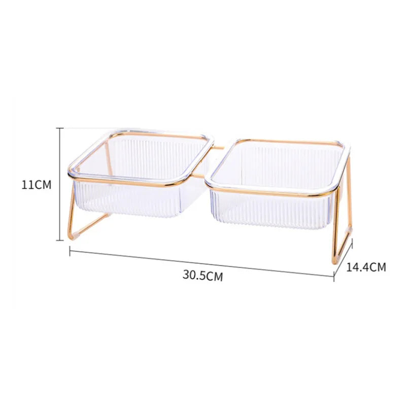 Gamelle double transparente surélevée pour animaux (chat/chien) avec support doré – Pour eau et nourriture
