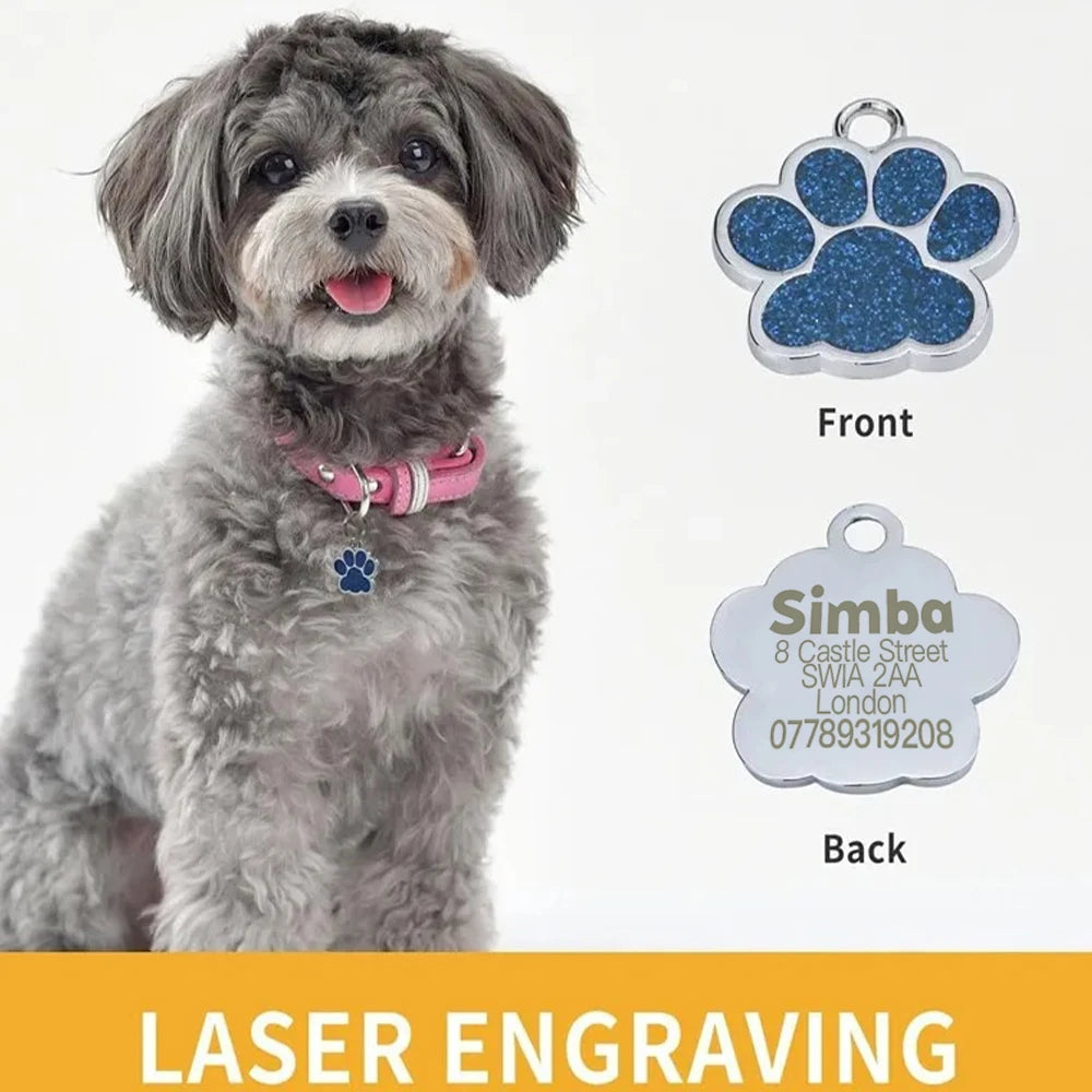 Plaque d'identification personnalisée et gravée pour chien ou chat – Pendentif en alliage en forme de patte avec paillettes – Accessoire pour collier d'animal de compagnie