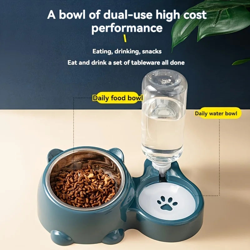Distributeur automatique de nourriture et d'eau pour animaux, système d'alimentation intégré pour chats et chiens, sans pile ni électricité, ouverture inclinée.