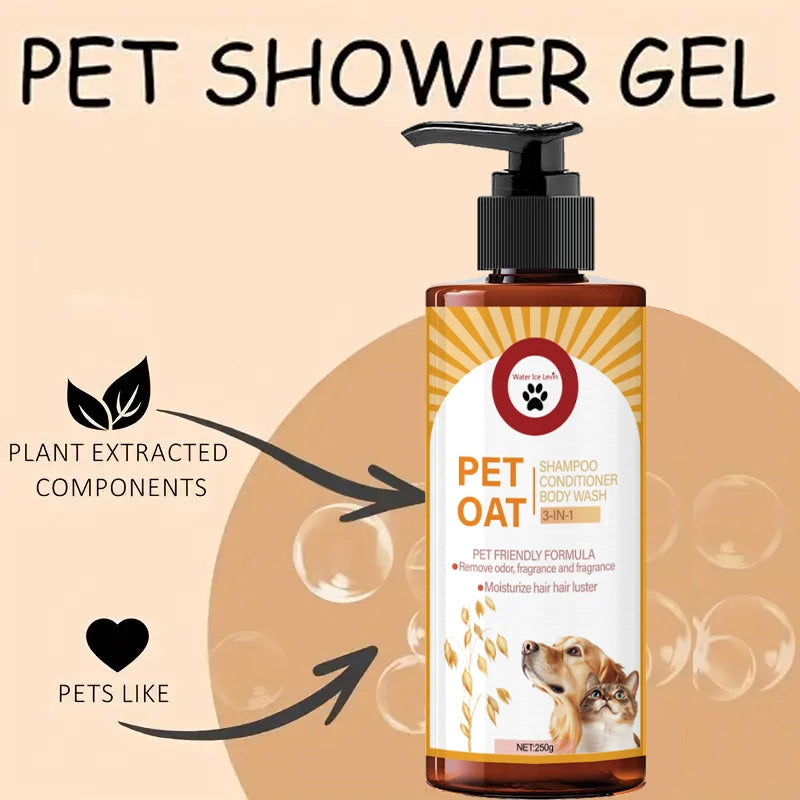 Shampoing pour animaux ; nettoie le pelage, élimine les odeurs, rend le poil doux sans le dessécher, laisse un parfum longue durée ; spécialement conçu pour les animaux de compagnie, convient au bain des chiens et des c