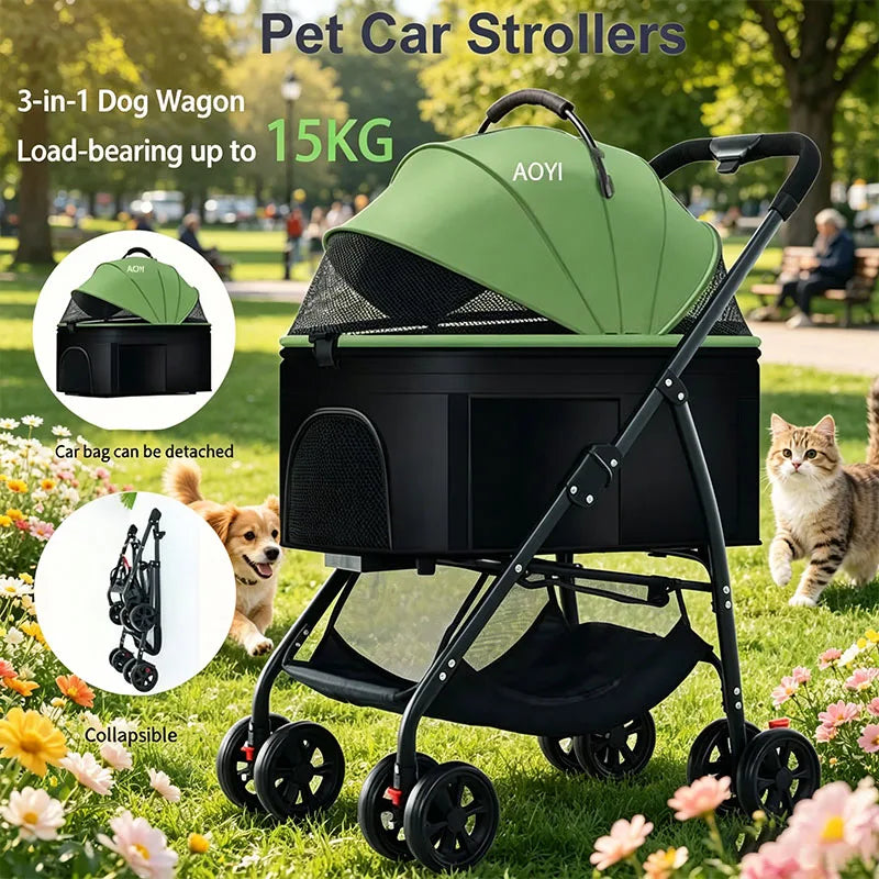 Poussette pour animaux 3 en 1, légère et pliable, spécialement conçue pour les promenades en extérieur avec chiens (petits et moyens) ou chats.